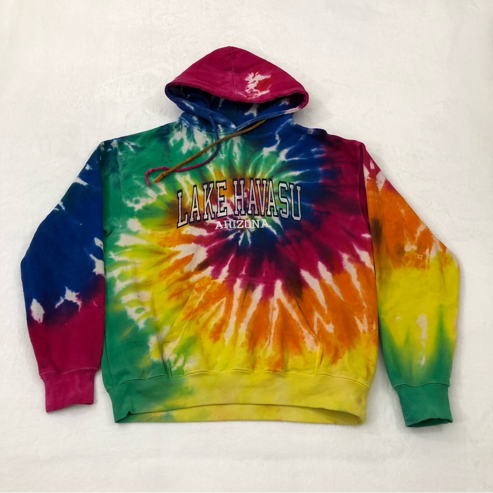 Lake Havasu Arizona Rainbow Tie Dye EXIST Pullover Hoodie Sweatshirt Womens M.